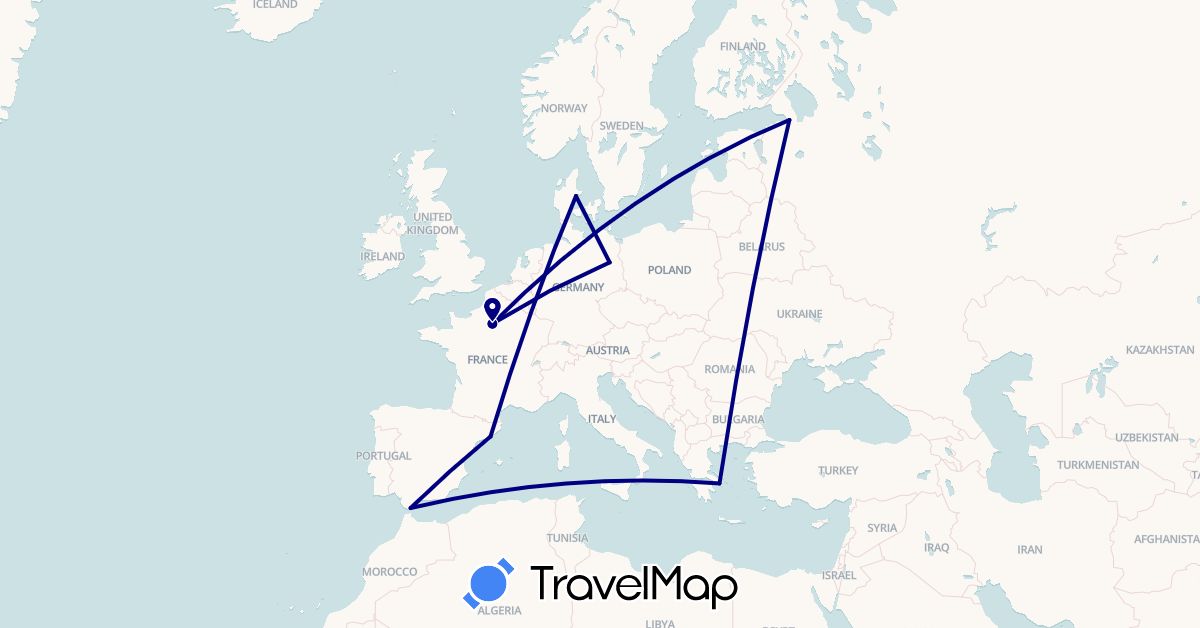 TravelMap itinerary: driving in Germany, Denmark, Spain, France, Gibraltar, Greece, Russia (Europe)