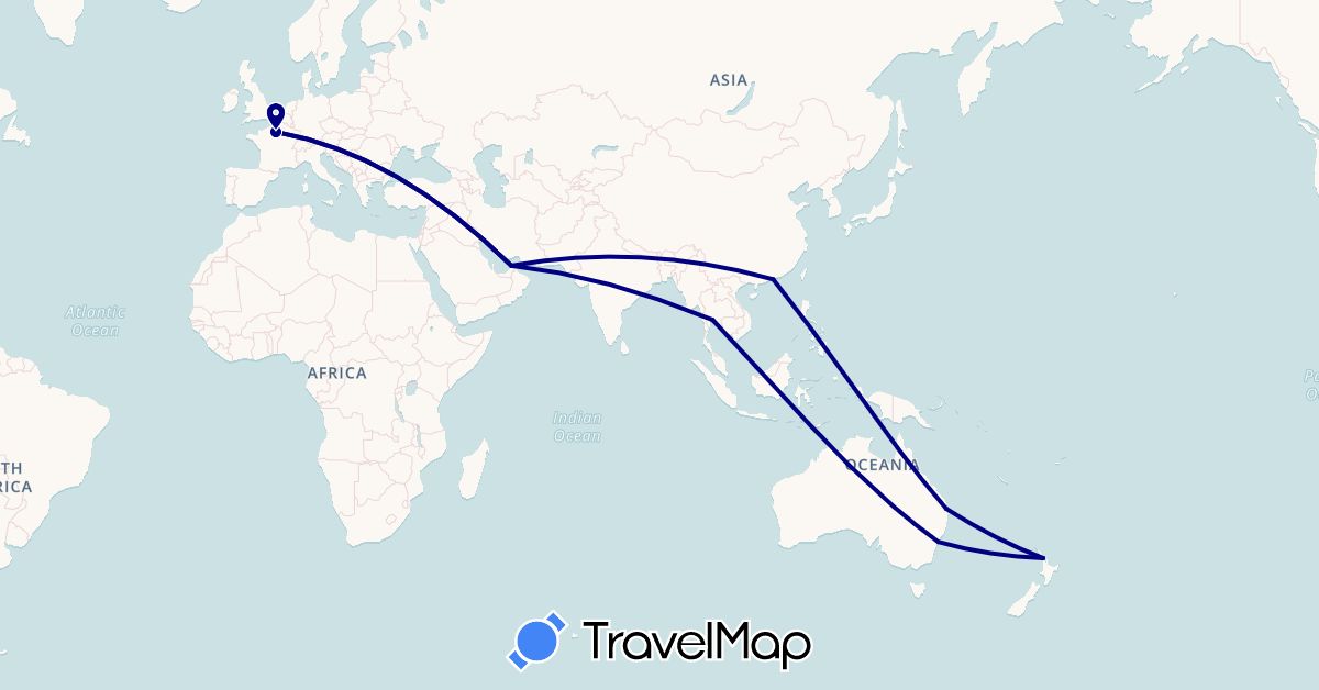 TravelMap itinerary: driving in United Arab Emirates, Australia, France, Hong Kong, New Zealand, Thailand (Asia, Europe, Oceania)